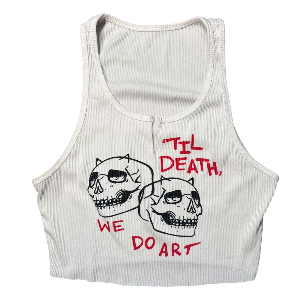 Grunge Emo Til Death We Do Art Skull Graphic Ribbed Crop Tank Top White Womens S